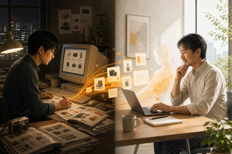 約30年前のECサイト制作と現在のAI時代のコンテンツ制作がつながる様子を描いたイラスト
