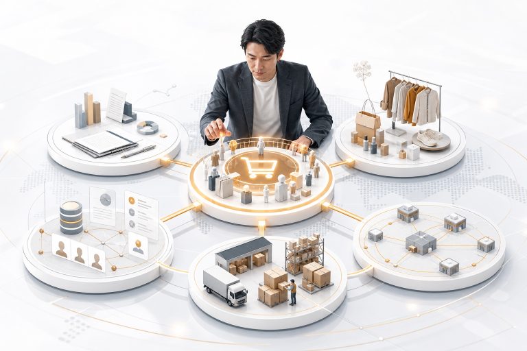 ECを中心に事業計画、商品マーケティング、物流、流通改革が連動する様子を描いたイラスト