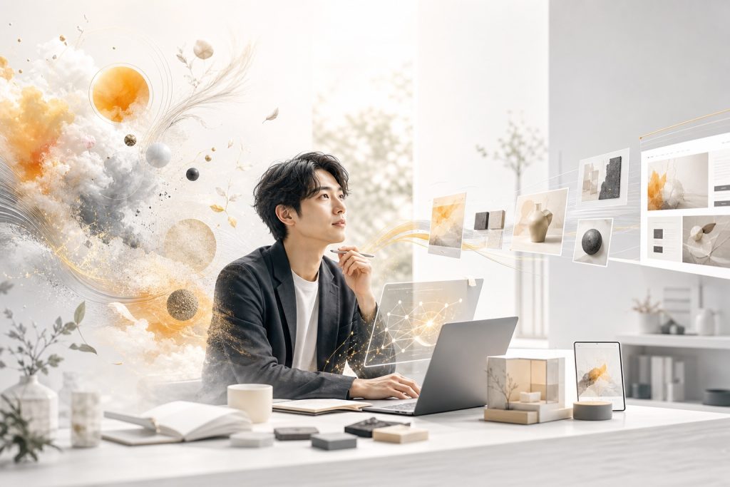 人の「感性」から生まれたひらめきがAIとの対話を通じて具体的な形になる様子を描いたイラスト