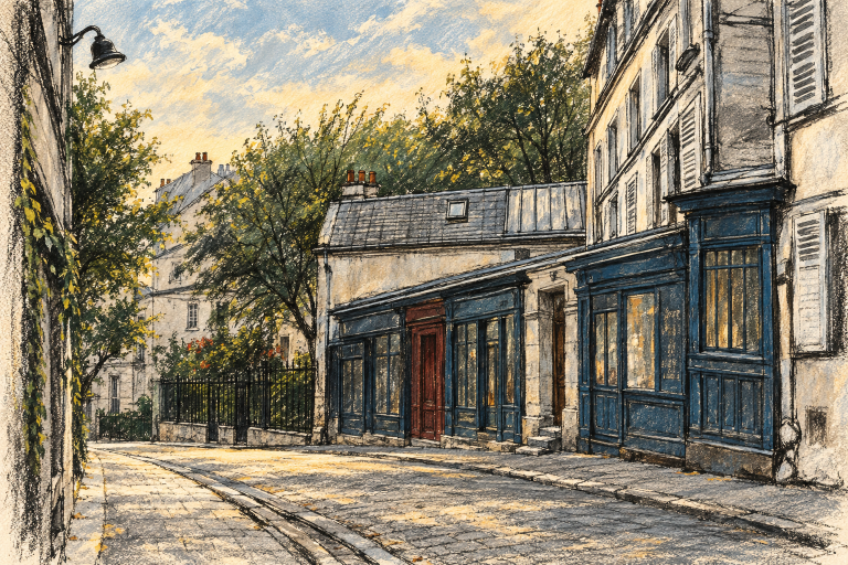 モンマルトルのRue la Vieuvilleを描いた絵画をもとに制作した街角のイラスト
