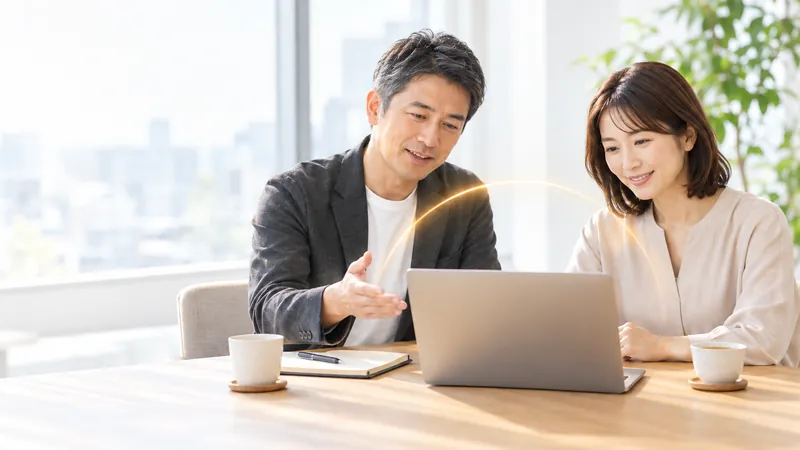 明るいオフィスで、コンサルタントとクライアントがノートPCの画面を一緒に見ながら話す