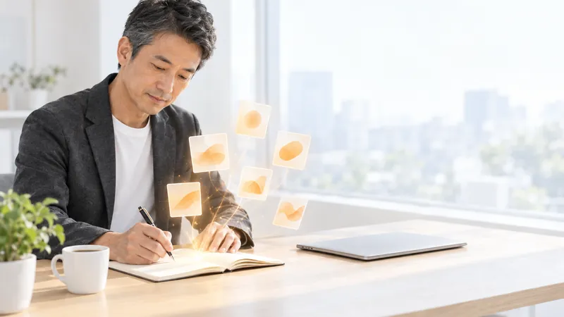 明るいオフィスで、ノートPCを閉じたまま手書きで計画を書くコンサルタント。手元から琥珀色の光が5枚のカードになって浮かぶ